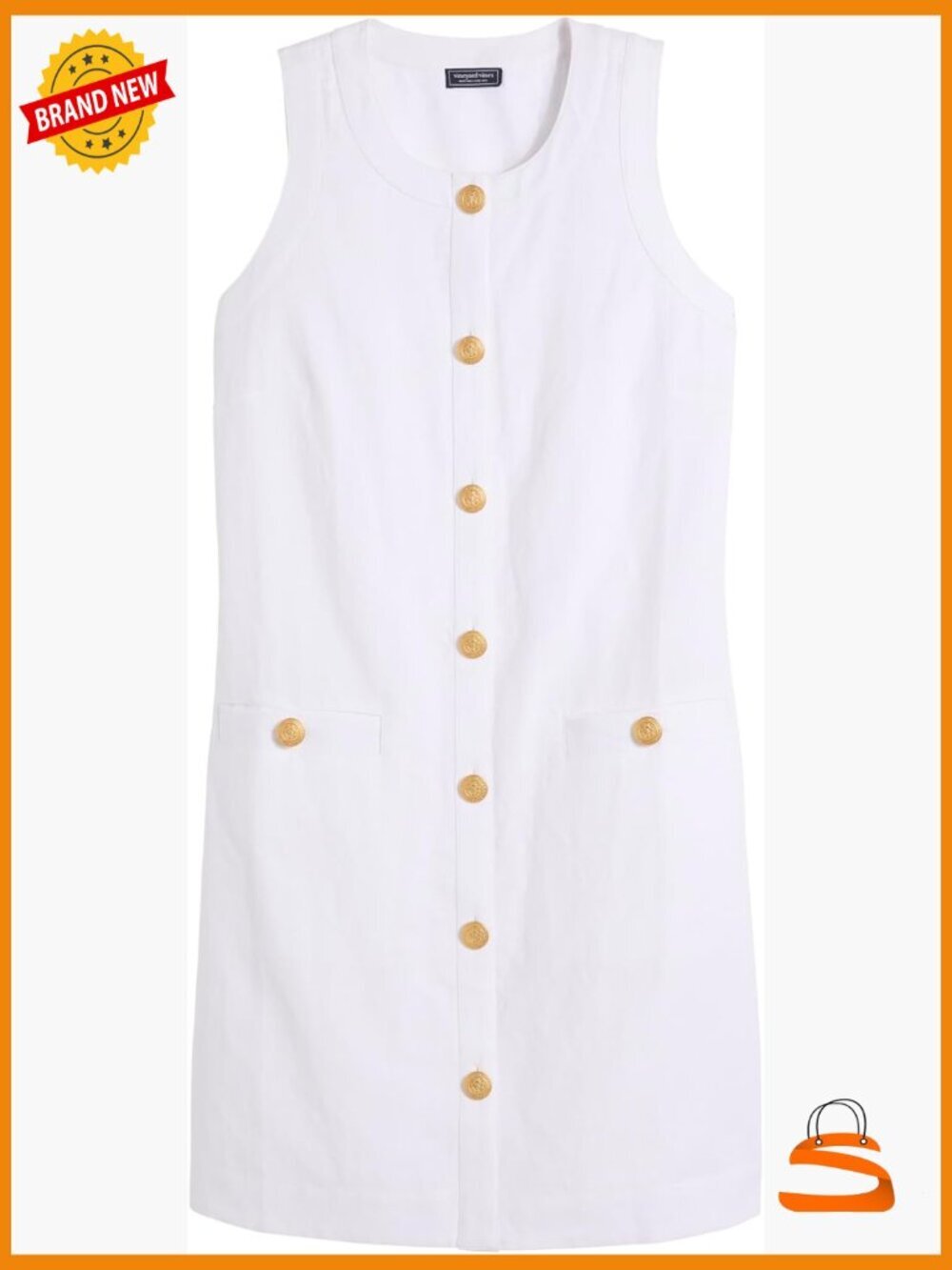 Linen Cotton Shift Dress Sleeveless Crew Neck Button Front Mini Length Welt